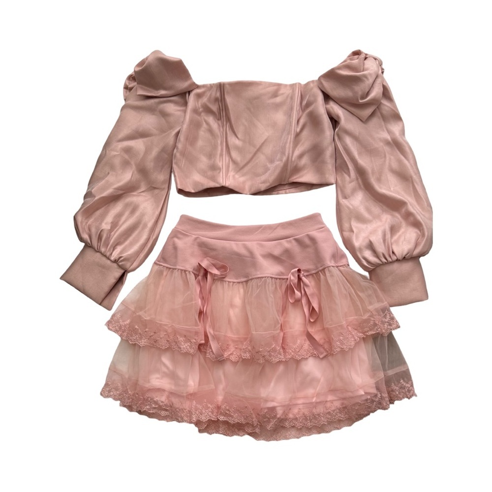 Pink Off-Shoulder Top and Skirt Set